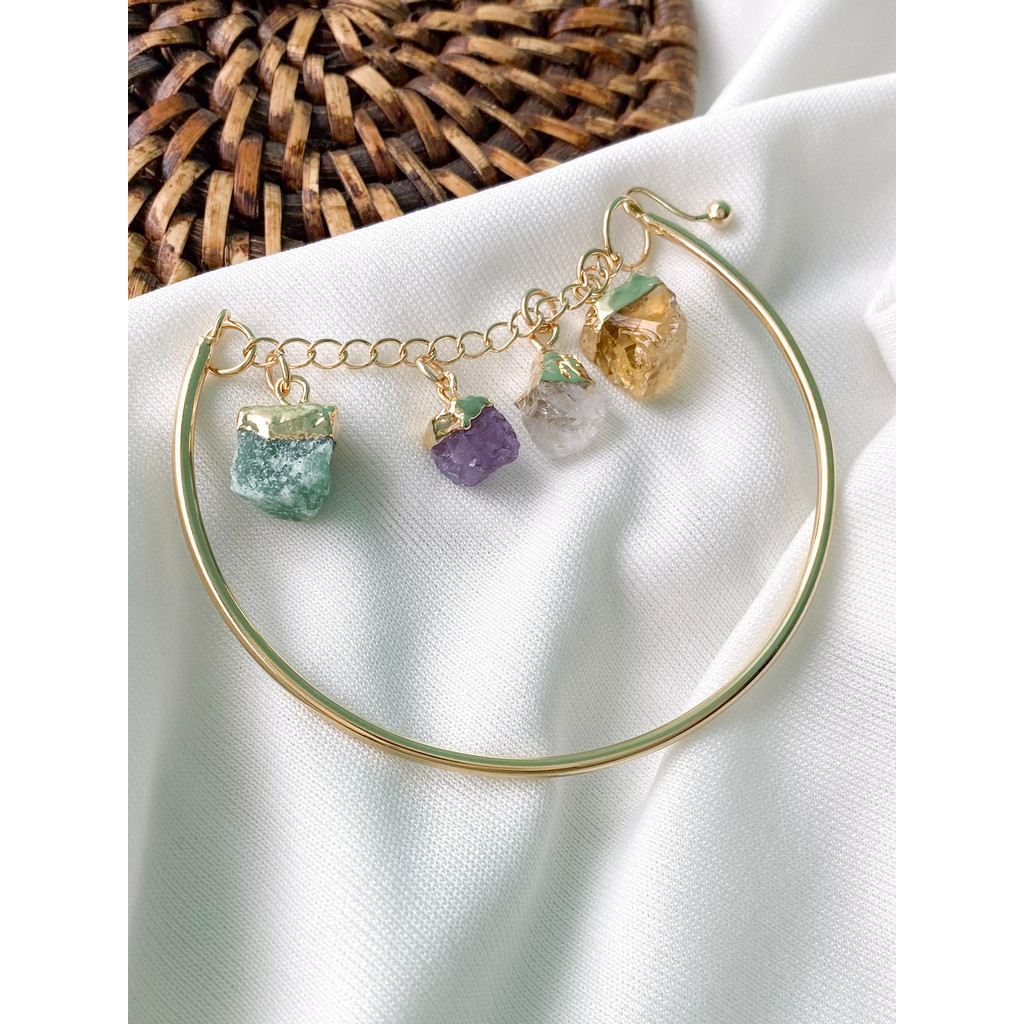 Bracelete 4 Elementos - Quartzo Verde, Ametista, Citrino e Quartzo Rosa - Cristais Naturais Feminino Folheado