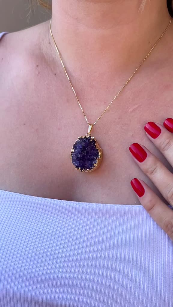 Colar Feminino de Pedra Natural Ametista em Drusa folheado em ouro 18k Cristal 100% Natural