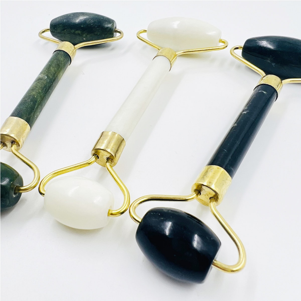 Rolo Pedra de Jade + Placa Gua Sha Massagem Facial Anti Ruga Rolinho Jade Lançamento