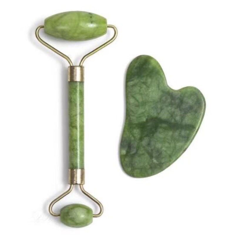 💚 Kit de Massagem Facial Anti-Rugas – Rolo de Jade + Placa Gua Sha
