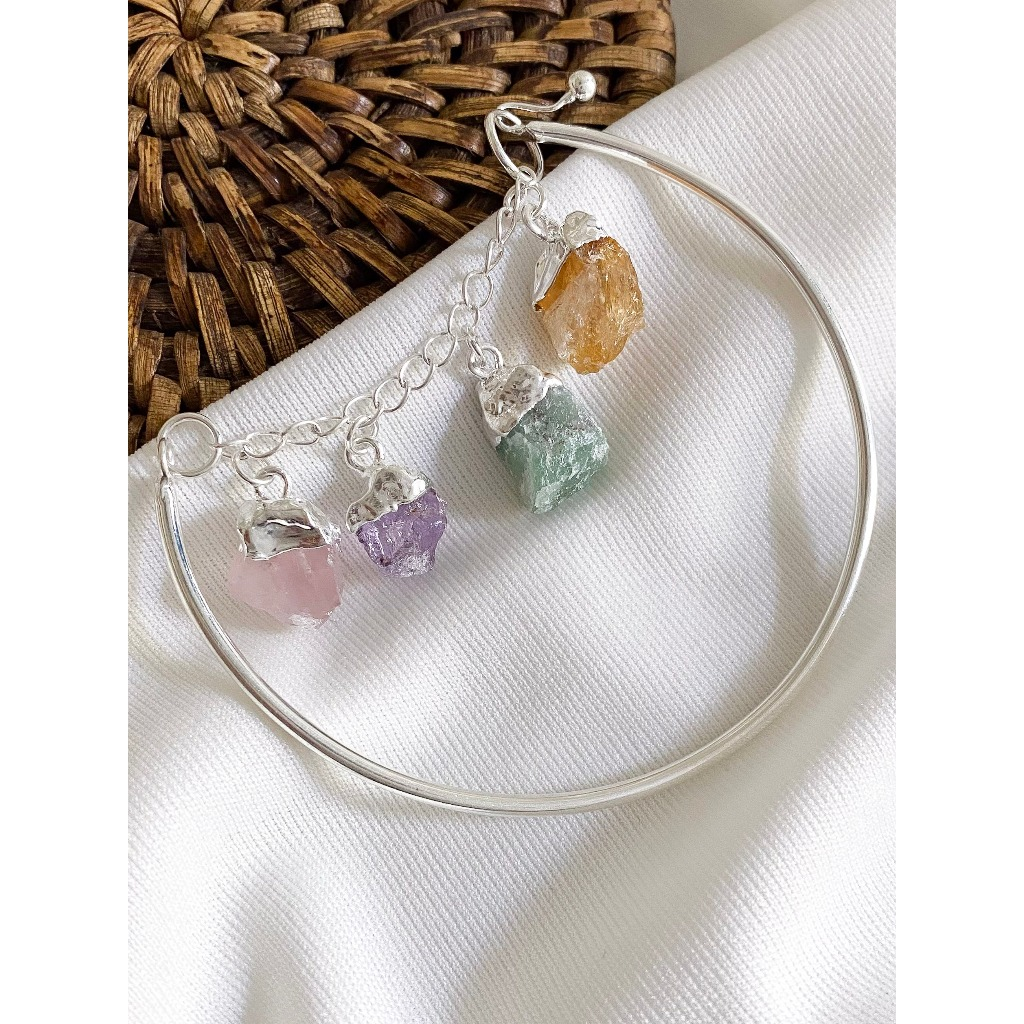 Bracelete 4 Elementos - Quartzo Verde, Ametista, Citrino e Quartzo Rosa - Cristais Naturais Feminino Folheado