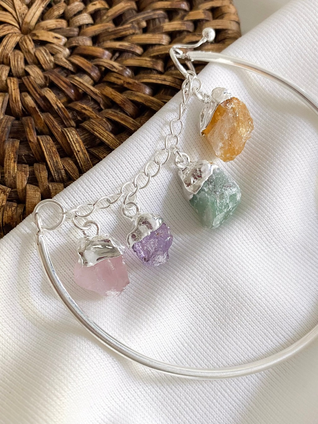 Bracelete 4 Elementos - Quartzo Verde, Ametista, Citrino e Quartzo Rosa - Cristais Naturais Feminino Folheado