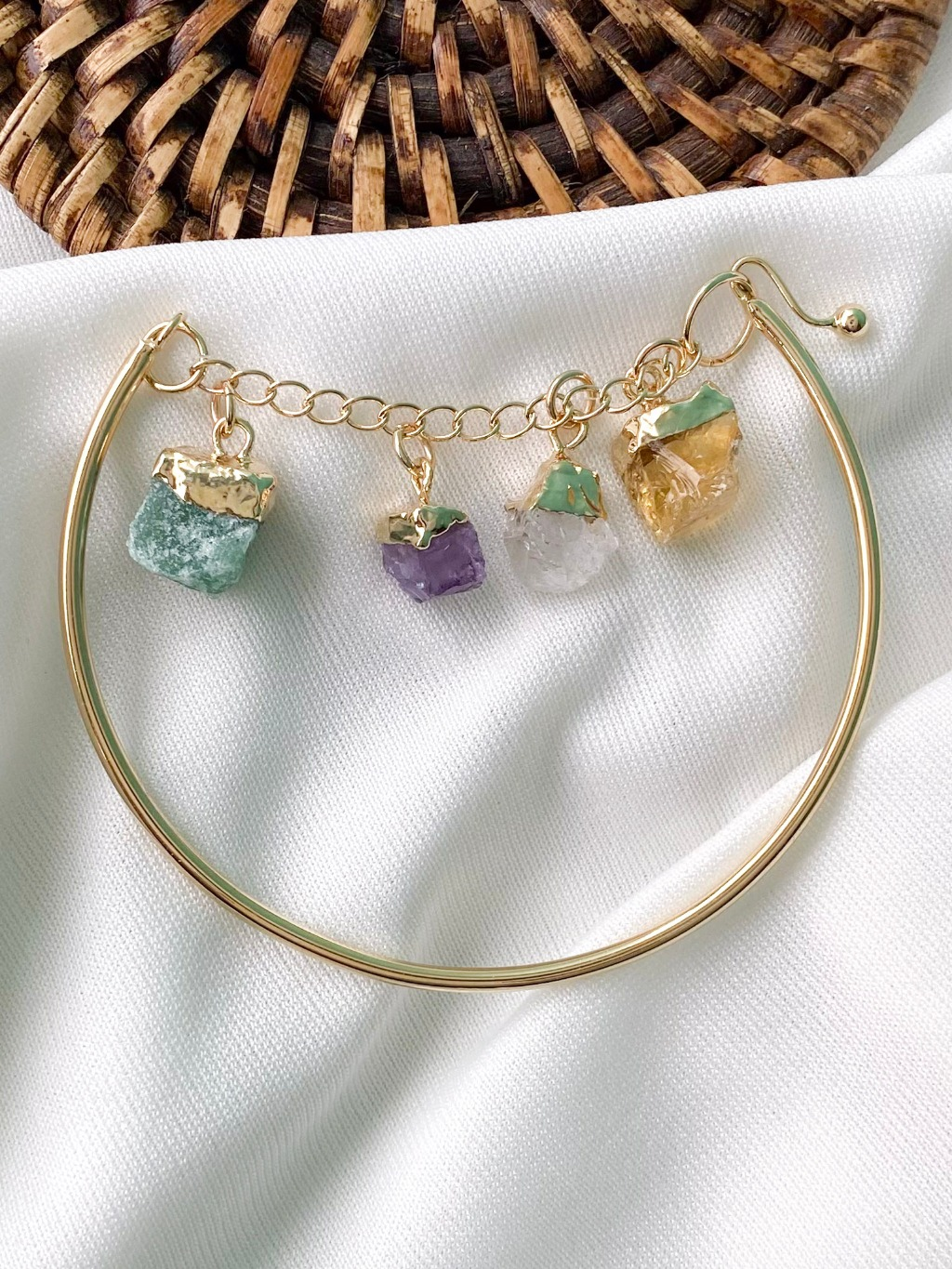 Bracelete 4 Elementos - Quartzo Verde, Ametista, Citrino e Quartzo Rosa - Cristais Naturais Feminino Folheado