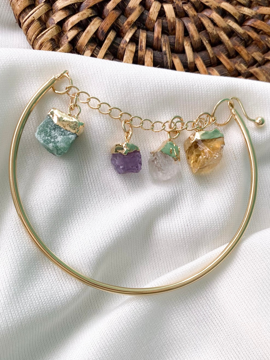 Bracelete 4 Elementos - Quartzo Verde, Ametista, Citrino e Quartzo Rosa - Cristais Naturais Feminino Folheado