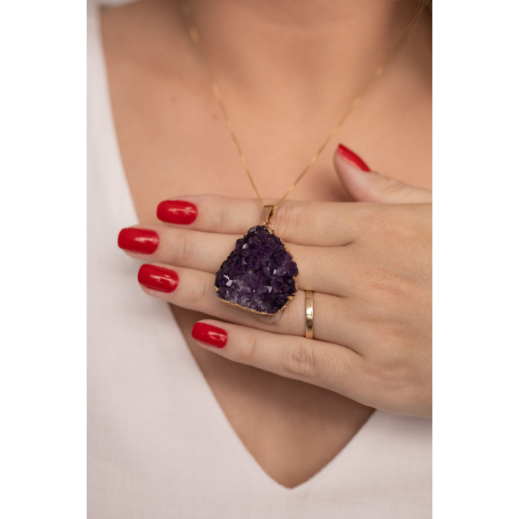Colar Feminino de Pedra Natural Ametista em Drusa folheado em ouro 18k Cristal 100% Natural