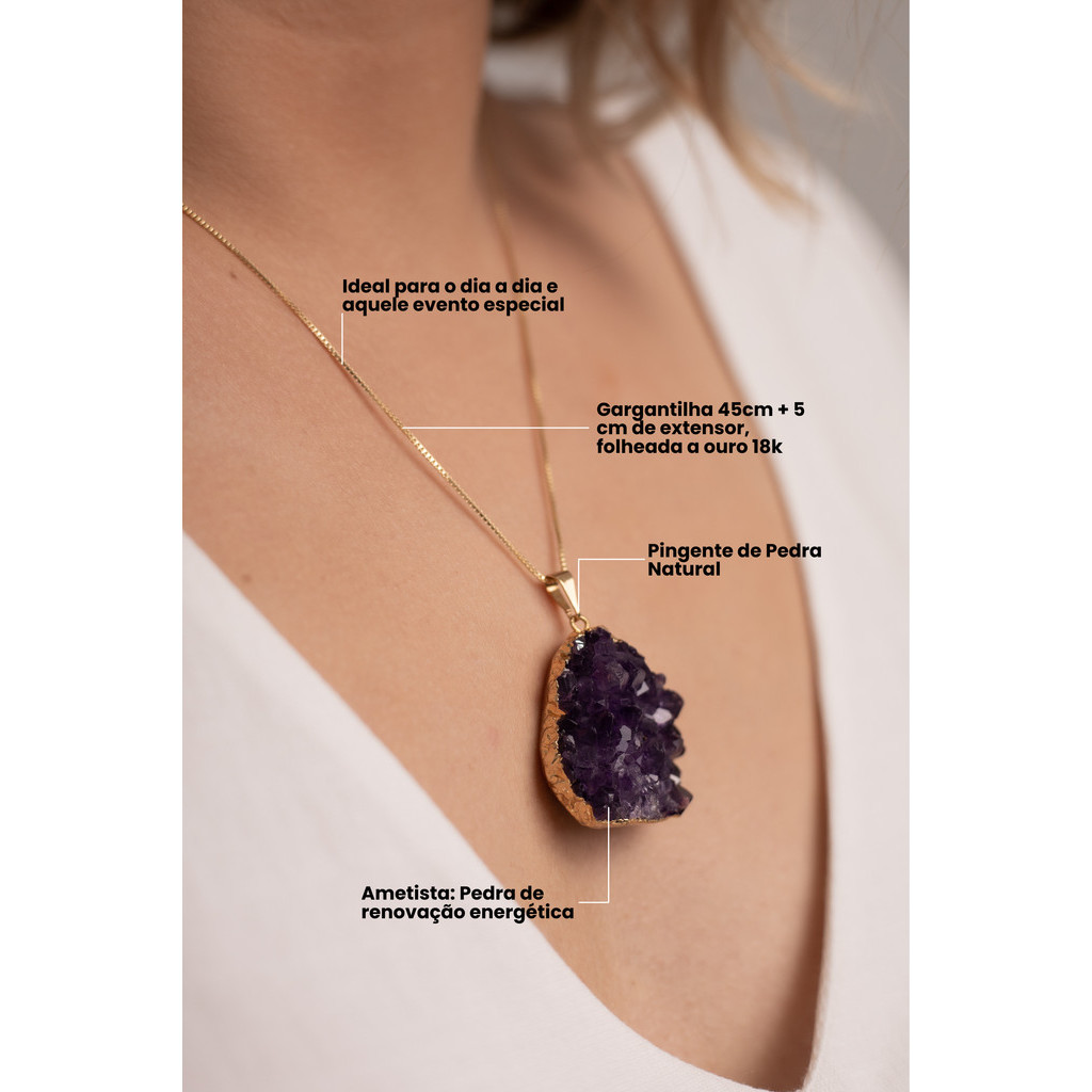 Colar Feminino de Pedra Natural Ametista em Drusa folheado em ouro 18k Cristal 100% Natural