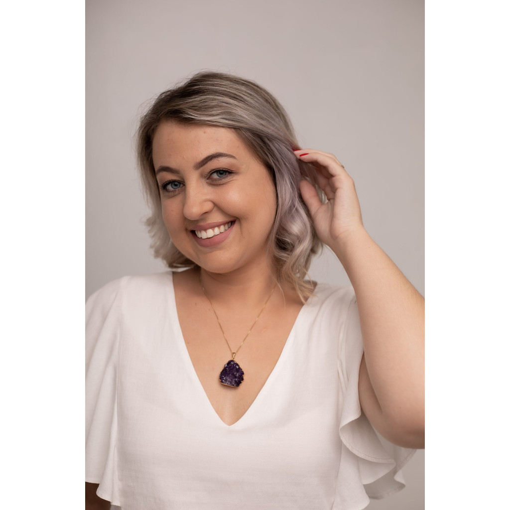 Colar Feminino de Pedra Natural Ametista em Drusa folheado em ouro 18k Cristal 100% Natural