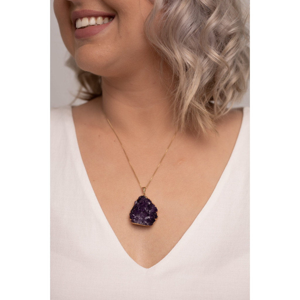 Colar Feminino de Pedra Natural Ametista em Drusa folheado em ouro 18k Cristal 100% Natural